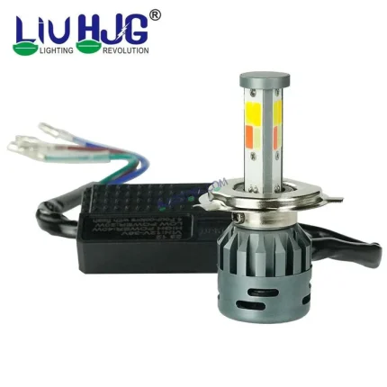 HJG M3 Multi Color Mini ORIGINAL LED Headlight Bulb H4 50W For All Motorcycles (Low and High Beam Bulbs (White/Multi) AC/DC 50Watt 3 Side Chip) - Type H4 Multi Colour